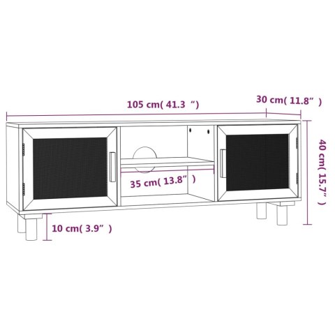  Stolik pod TV, czarny, 105x30x40 cm, drewno sosnowe i rattan