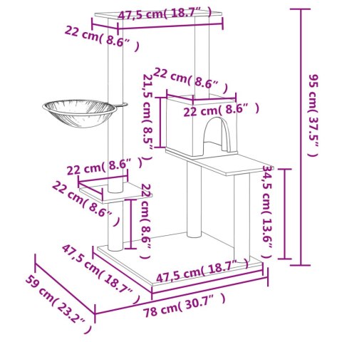  Drapak dla kota z sizalowymi słupkami, kremowy, 95 cm