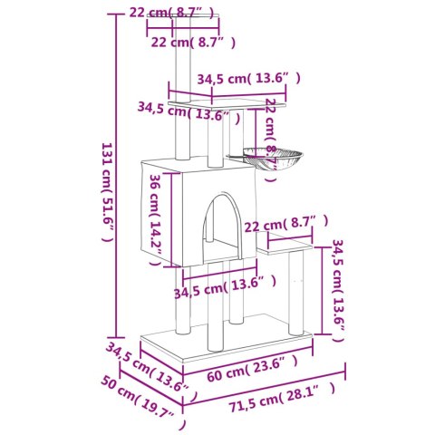  Drapak dla kota z sizalowymi słupkami, jasnoszary, 131 cm