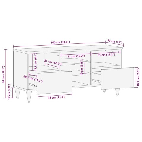  Szafka pod telewizor, czarna, 100x33x46 cm, lite drewno mango