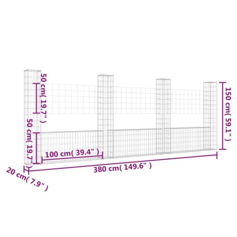  4 słupki gabionowe U-kształtne, 380x20x150 cm, żelazne