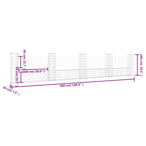  Ogrodzenie gabionowe z 5 słupkami, żelazo, 500x20x100 cm