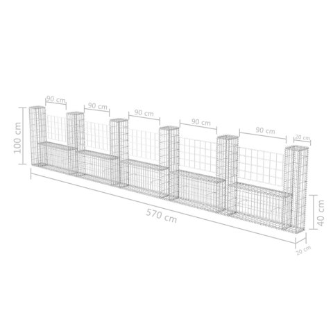  Kosz gabionowy w kształcie litery U, stal, 570x20x100 cm