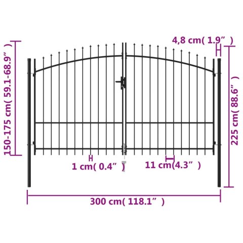  Brama dwuskrzydłowa z grotami, stal, 3x1,75 m, czarna