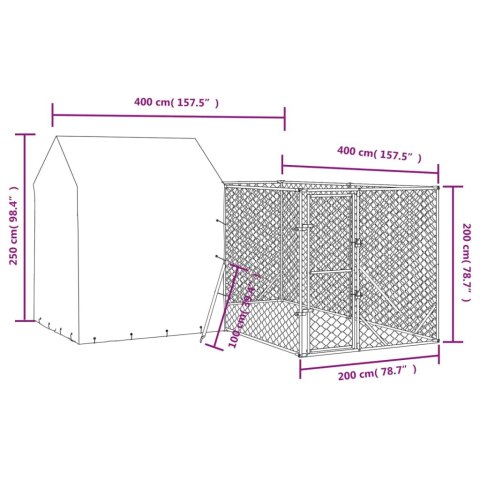  Kojec dla psa, z dachem, srebrny, 4x4x2,5 m, stal galwanizowana