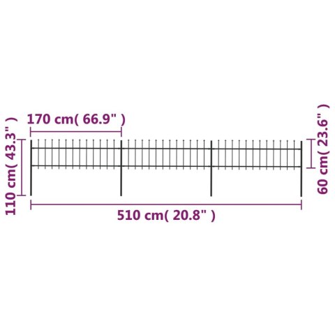  Ogrodzenie z prętów z grotami, stalowe, 5,1 x 0,6 m, czarne