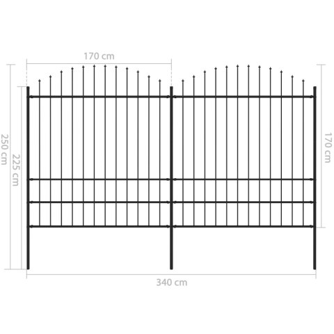  Panele ogrodzeniowe z grotami, stal, (1,75-2) x 3,4 m, czarne