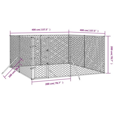  Kojec zewnętrzny dla psa, srebrny, 4x4x2 m, stal galwanizowana