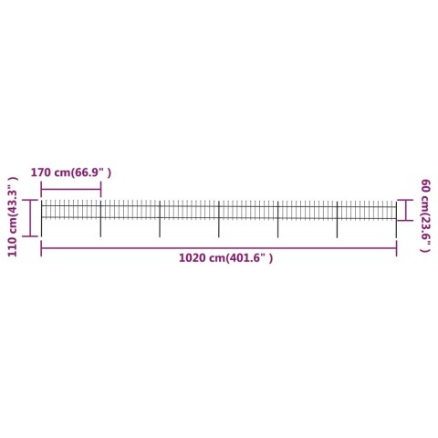  Ogrodzenie z prętów z grotami, stalowe, 10,2 x 0,6 m, czarne