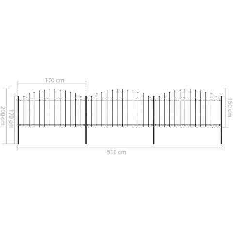  Panele ogrodzeniowe z grotami, stal, (1,25-1,5) x 5,1 m, czarne