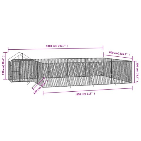  Kojec dla psa, z dachem, srebrny, 10x6x2,5m, stal galwanizowana