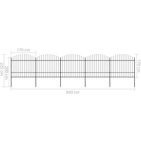  Panele ogrodzeniowe z grotami, stal, (1,5-1,75) x 8,5 m, czarne