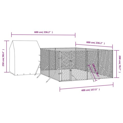  Kojec dla psa, z dachem, srebrny, 6x6x2,5 m, stal galwanizowana