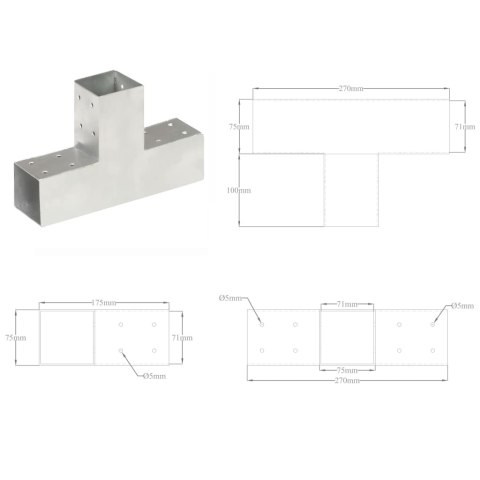  Łączniki w kształcie T, 4 szt., galwanizowany metal, 71x71 mm