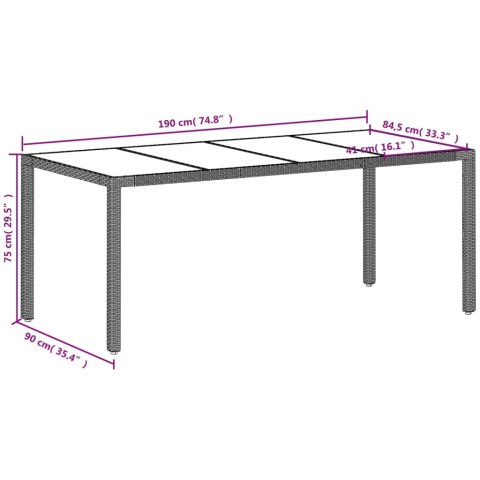  Stół ogrodowy ze szklanym blatem, szary 190x90x75 cm, rattan PE