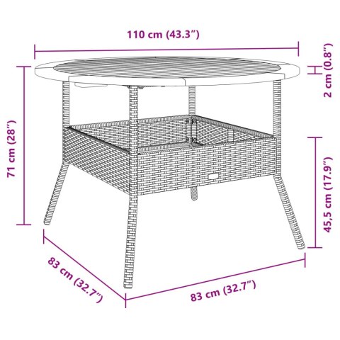  Stół ogrodowy z akacjowym blatem, czarny, Ø110x71 cm, rattan PE