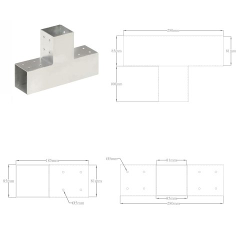  Łączniki w kształcie T, 4 szt., galwanizowany metal, 81x81 mm