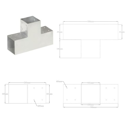  Łączniki w kształcie T, 4 szt., galwanizowany metal, 101x101 mm