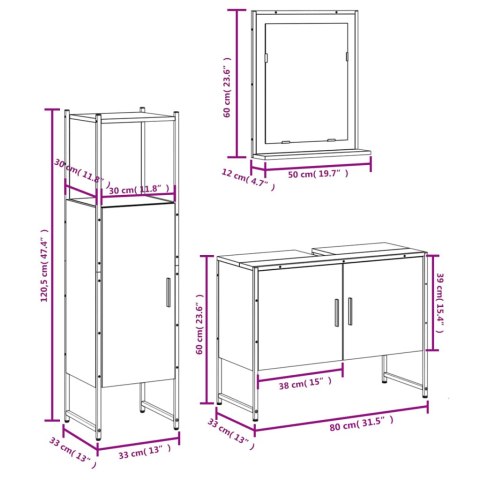  3-częściowy zestaw szafek łazienkowych, szary dąb sonoma