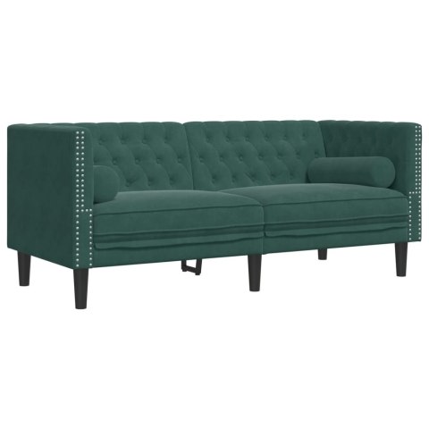 VidaXL Sofa Chesterfield z wałkami, dwuosobowa, ciemnozielona, aksamit