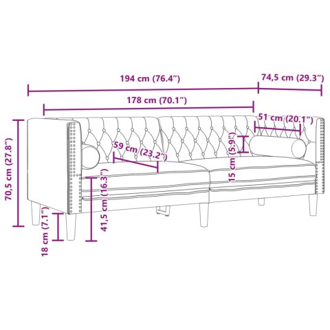 VidaXL Sofa Chesterfield z wałkami, trzyosobowa, kremowa, aksamit