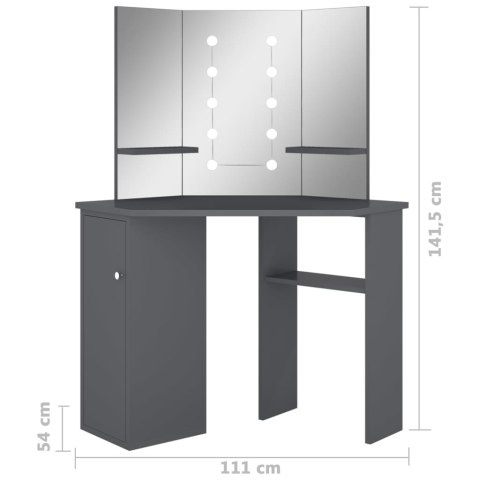  Toaletka narożna z oświetleniem LED, szara, 111 x 54 x 141,5 cm