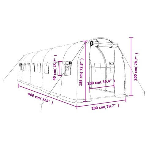  Szklarnia ze stalową ramą, biała, 16 m², 8x2x2 m