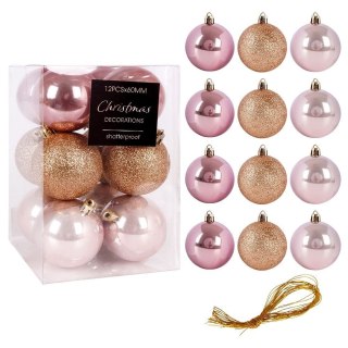 Bombki Choinkowe VILDE Różowe 6 cm Zestaw 12 szt. Nietłukące Brokat