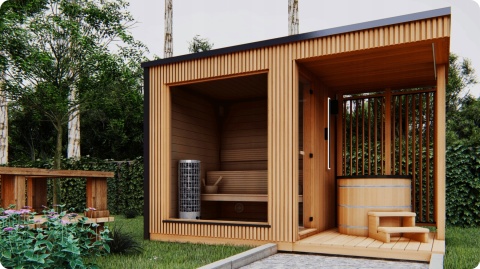 Sauna ogrodowa z panoramicznym oknem Piec 9kW z modułem WIFI Balia