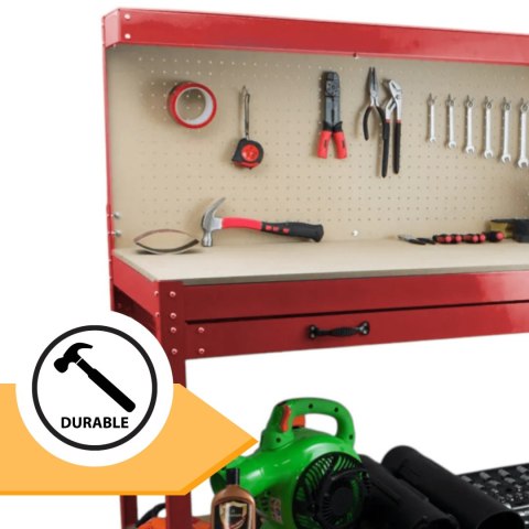 Stół warsztatowy z uchwytami blat 115x55 cm szuflada haki x12 stabilny stal