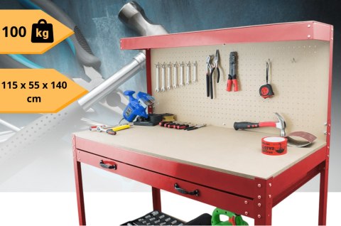 Stół warsztatowy z uchwytami blat 115x55 cm szuflada haki x12 stabilny stal
