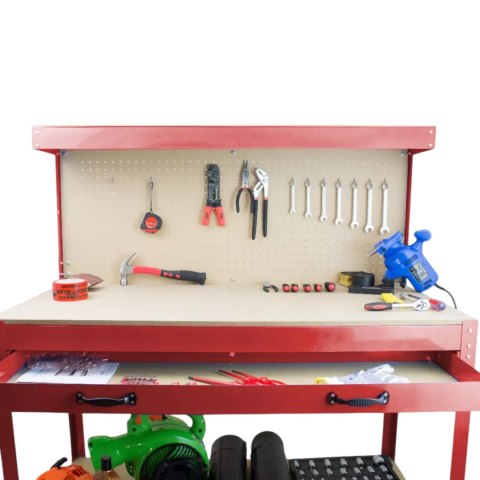 Stół warsztatowy z uchwytami blat 115x55 cm szuflada haki x12 stabilny stal