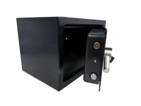 Czarny kompaktowy sejf biurowy na kod i klucz