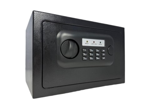 Czarny kompaktowy sejf biurowy na kod i klucz