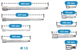 Przedłużki nasadowe do grzechotek kluczy 3/8" 1/4" 1/2" 50-250 mm
