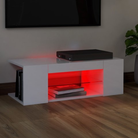  Szafka TV z oświetleniem LED, wysoki połysk, biała, 90x39x30 cm