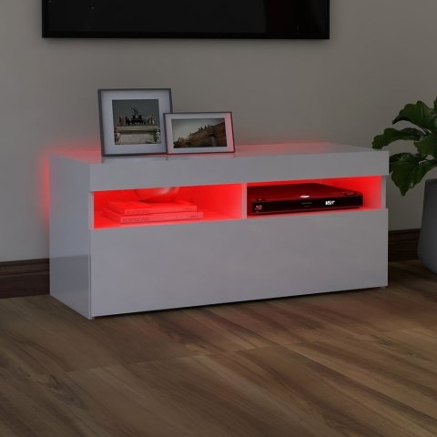  Szafka TV z oświetleniem LED, wysoki połysk, biała, 90x35x40 cm