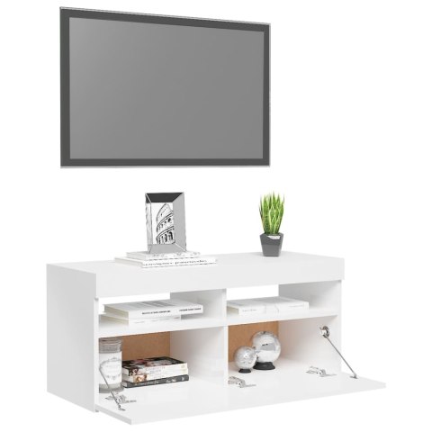  Szafka TV z oświetleniem LED, wysoki połysk, biała, 90x35x40 cm