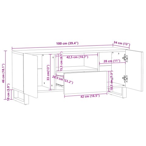  Szafka pod TV, 100x34x46 cm, lite surowe drewno mango