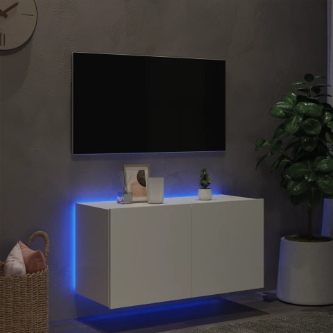  Ścienna szafka TV z LED, biała, 80x35x41 cm