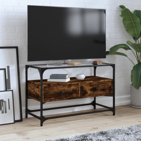  Szafka pod TV ze szklanym blatem, przydymiony dąb, 80x35x51 cm