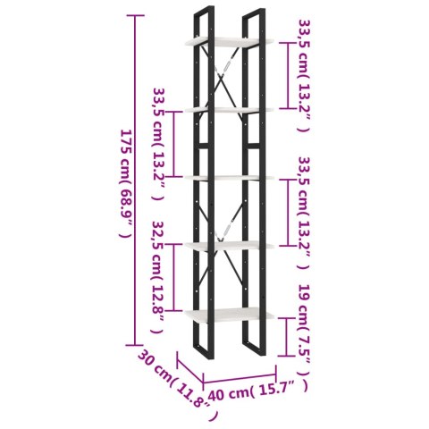  5-poziomowy regał na książki, biały, 40x30x175 cm, sosnowy